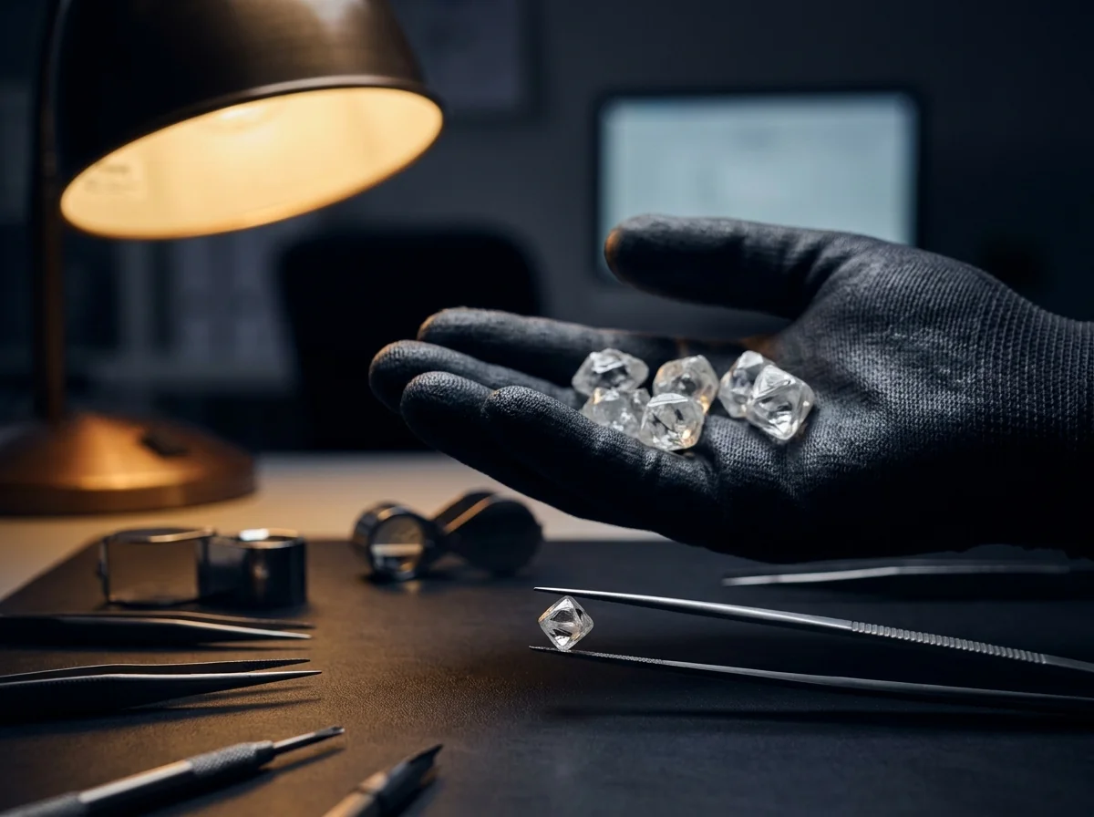 Rough diamonds being inspected at the Sree Aasthika sorting table